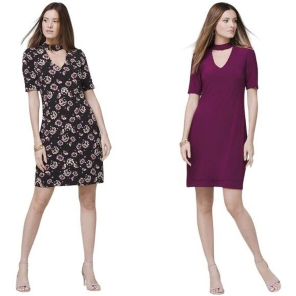 WHBM Reversible Floral Choker Shift Dress Dandelion Black/Maroon